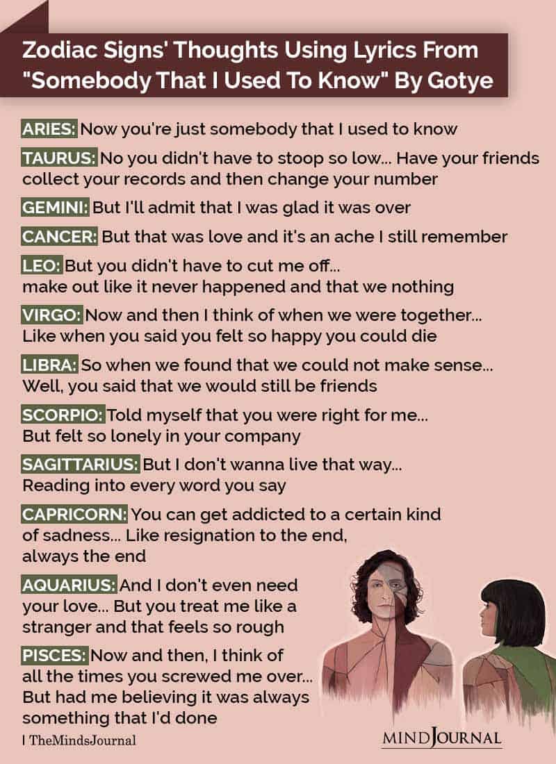 Zodiac Signs’ Thoughts Using Lyrics from “Somebody That I Used To Know” By Gotye